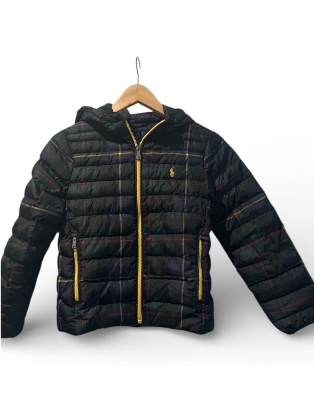 Polo by Ralph Lauren Kids Black Plaid Puffer Jacket with Yellow Trim